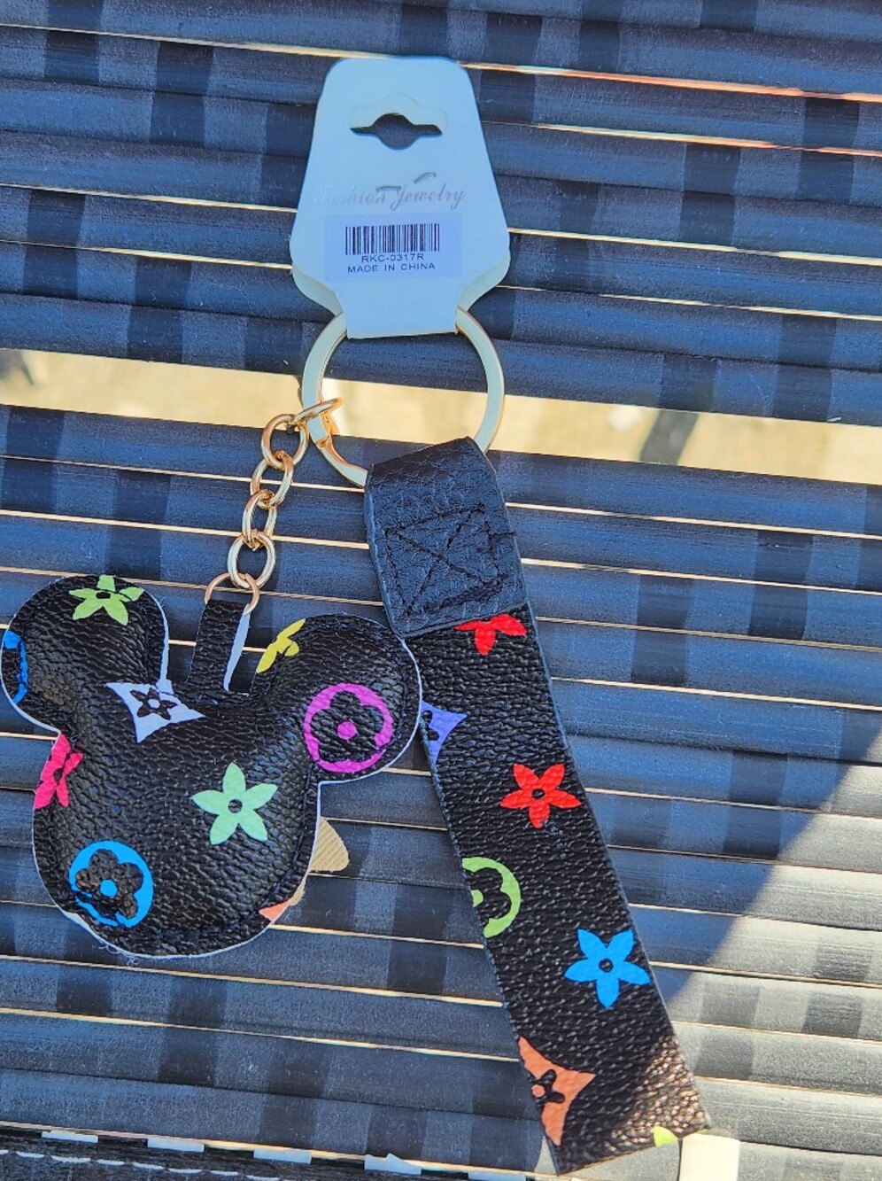 Designer-Inspired Black Leather Multicolor Flower Mickey Mouse Bow Keychain NIP - Picture 3 of 3